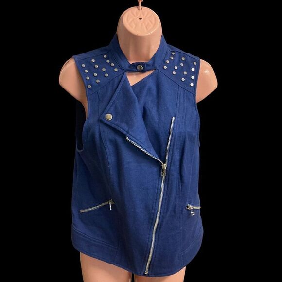 ROCK & REPUBLIC Women’s Blue Moto Studded Vest Size Medium - Picture 8 of 12